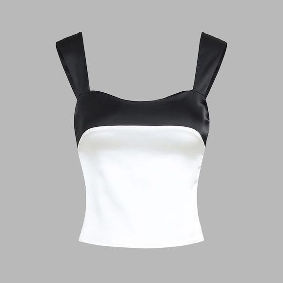 Commense Black & White Colorblock Satin Tank Top with Bow - Picture 1 of 4